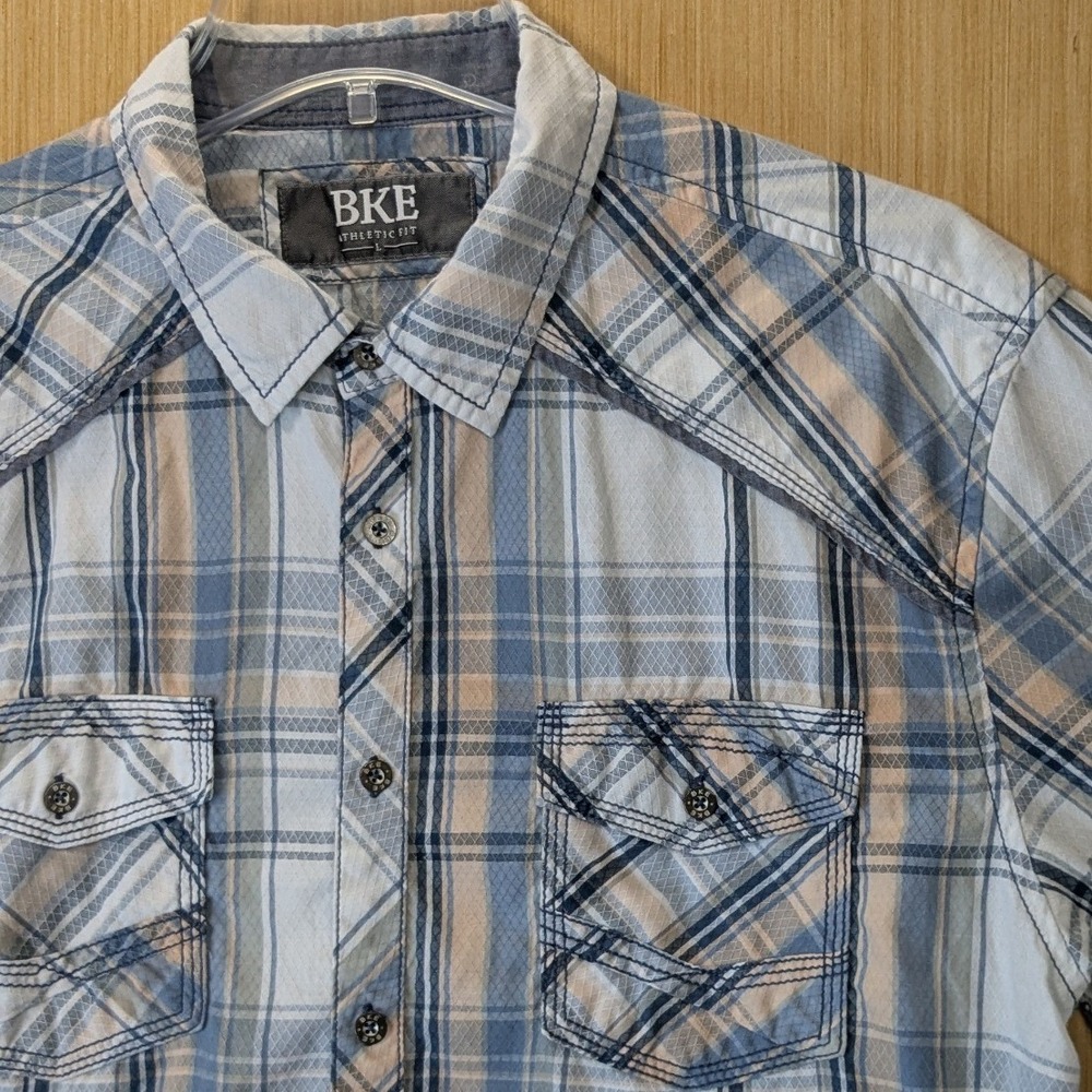 BKE Athletic Fit Mens Large Blue Plaid Western Long Sleeve Button Down Shirt